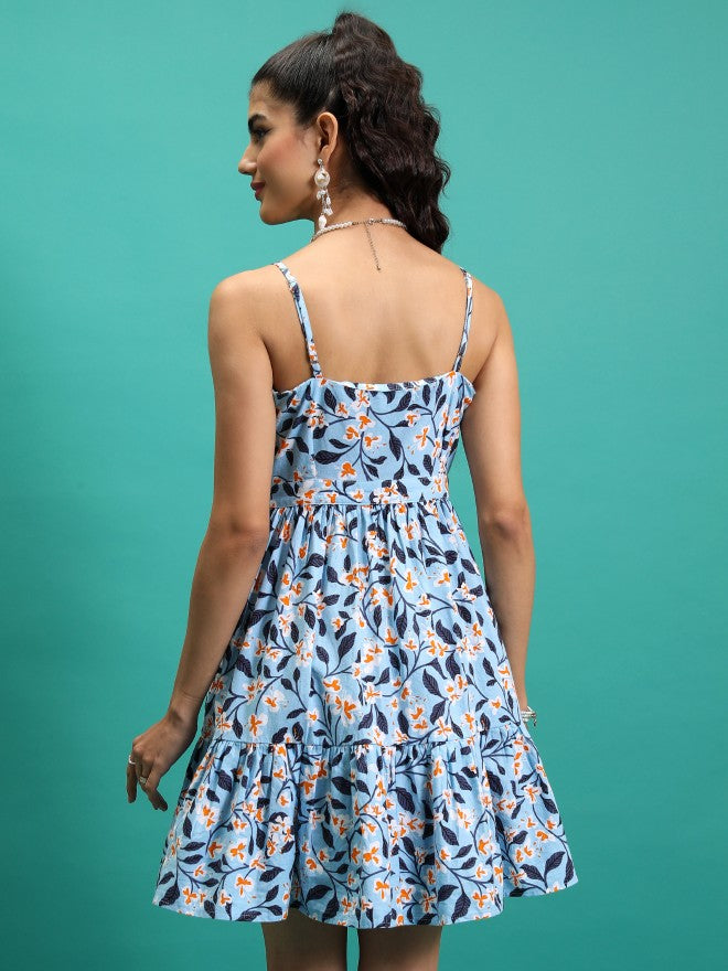 Tokyo Talkies Women Blue Printed Fit And Flare Dress - Blue - Image 3