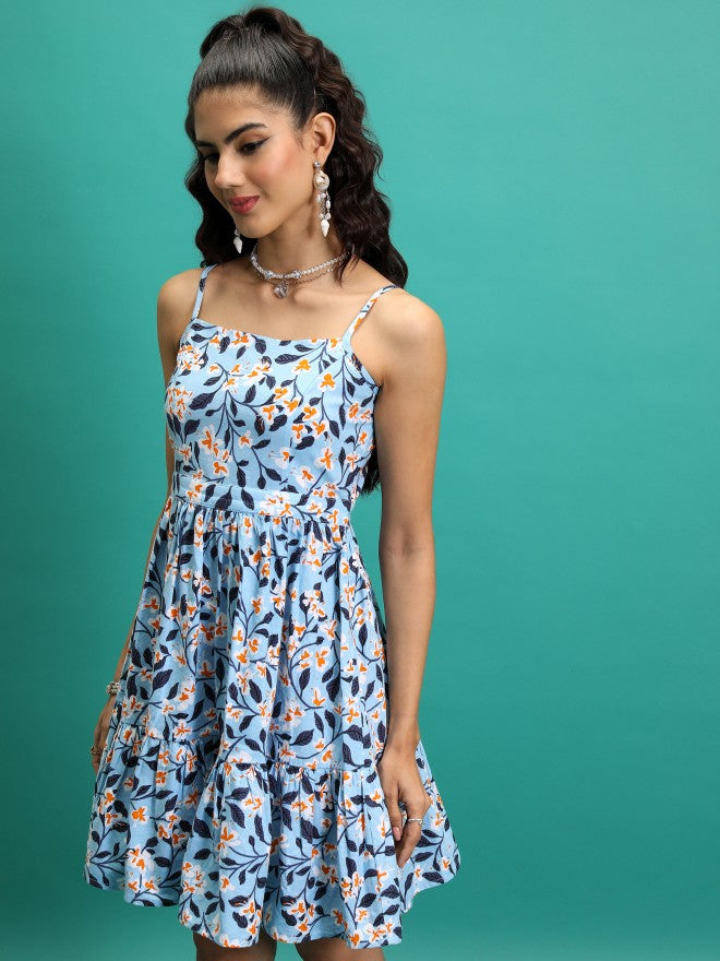 Tokyo Talkies Women Blue Printed Fit And Flare Dress - Blue - Image 4