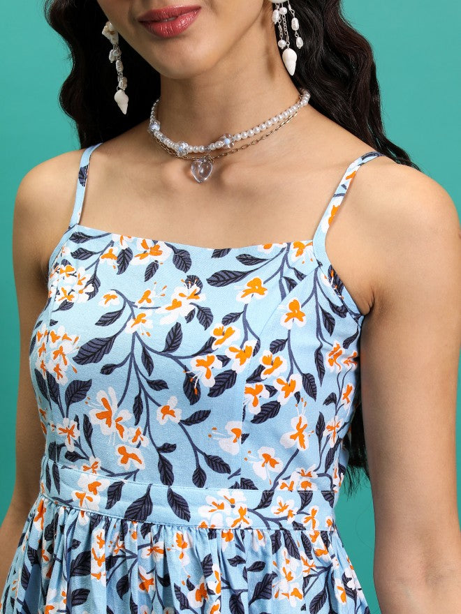 Tokyo Talkies Women Blue Printed Fit And Flare Dress - Blue - Image 5