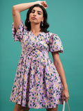 Tokyo Talkies Women Violet Printed Fit And Flare Dress - Violet - Image 1