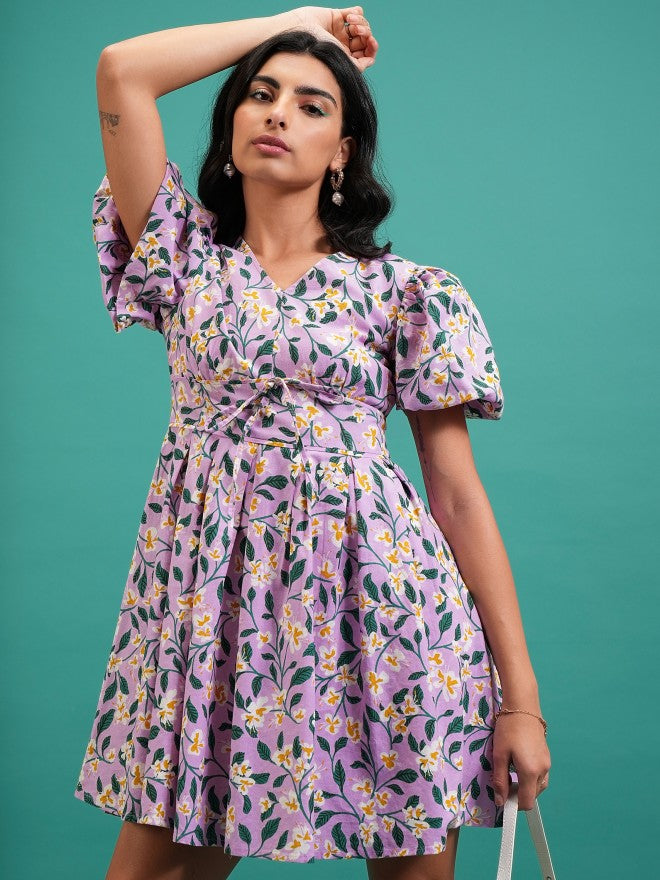 Tokyo Talkies Women Violet Printed Fit And Flare Dress - Violet - Image 1