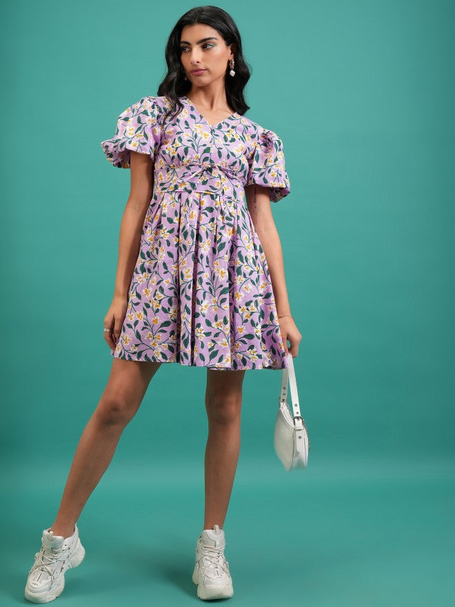 Tokyo Talkies Women Violet Printed Fit And Flare Dress - Violet - Image 2