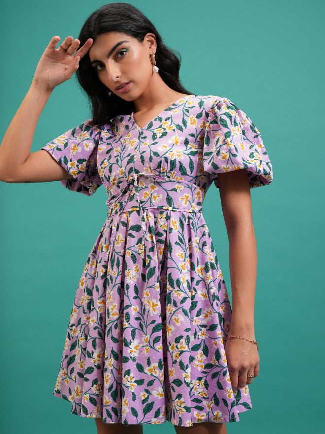 Tokyo Talkies Women Violet Printed Fit And Flare Dress - Violet - Image 4