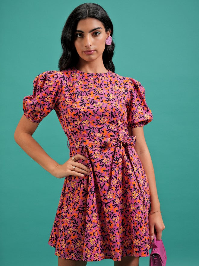 Tokyo Talkies Women Pink Printed A-Line Dresses - Pink - Image 1