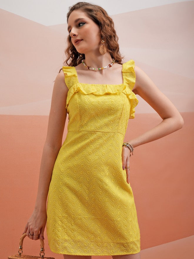 Tokyo Talkies Women Yellow Self Design Fit And Flare Dress - Yellow - Image 1