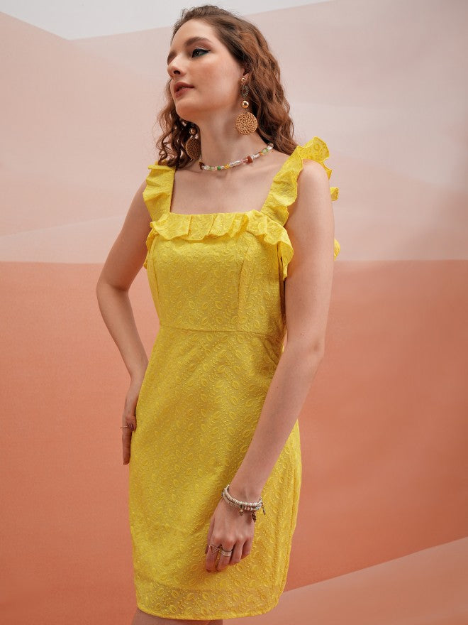 Tokyo Talkies Women Yellow Self Design Fit And Flare Dress - Yellow - Image 4