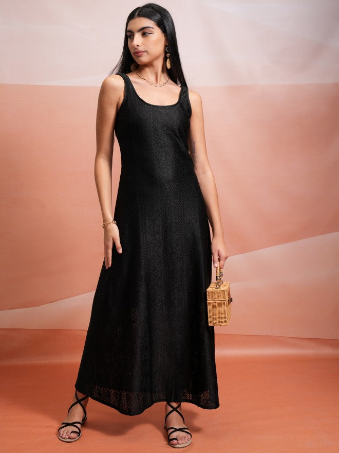 Tokyo Talkies Women Black Self Design Maxi Dress - Black - Image 1