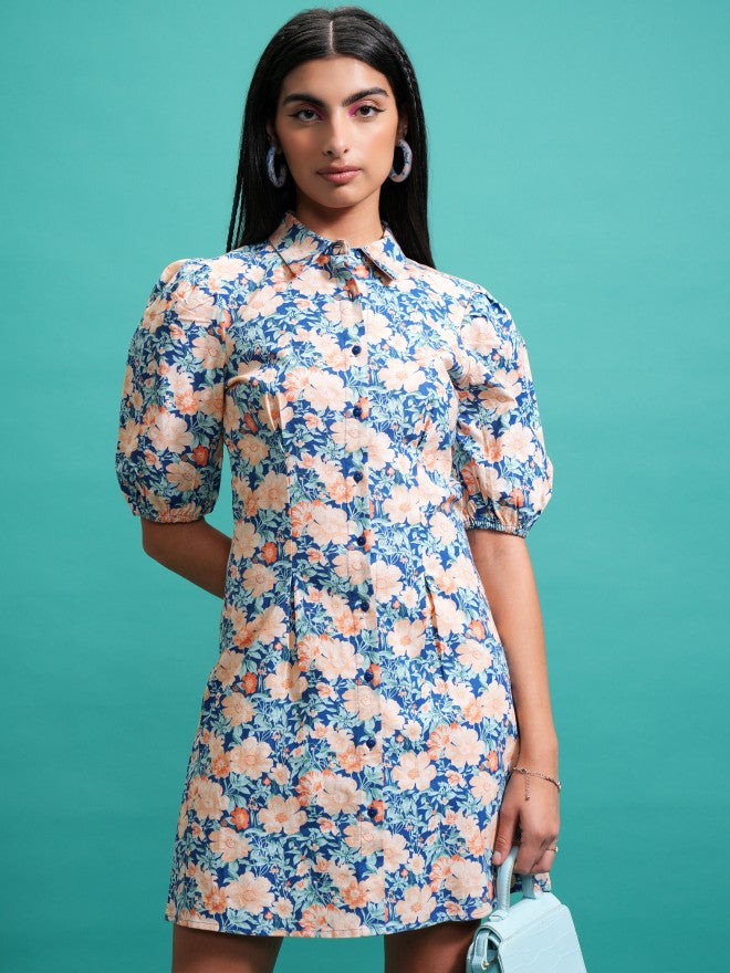 Tokyo Talkies Women Blue Shirt Printed Dress - Blue - Image 1