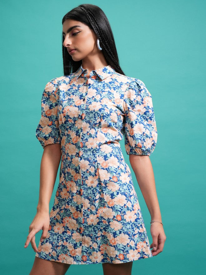 Tokyo Talkies Women Blue Shirt Printed Dress - Blue - Image 4