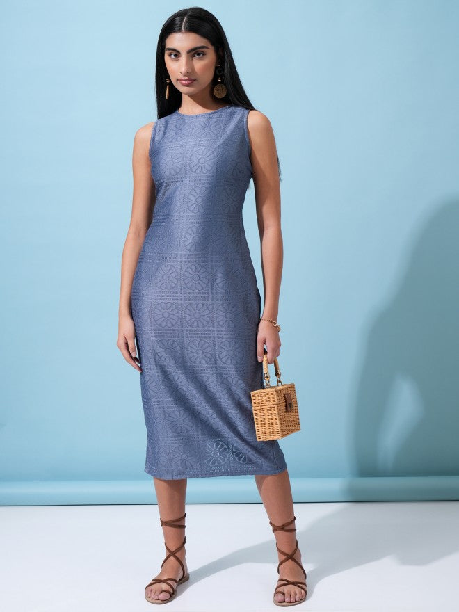 Tokyo Talkies Women Blue Self Design Sheath Dress - Blue - Image 1
