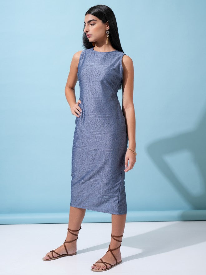 Tokyo Talkies Women Blue Self Design Sheath Dress - Blue - Image 2