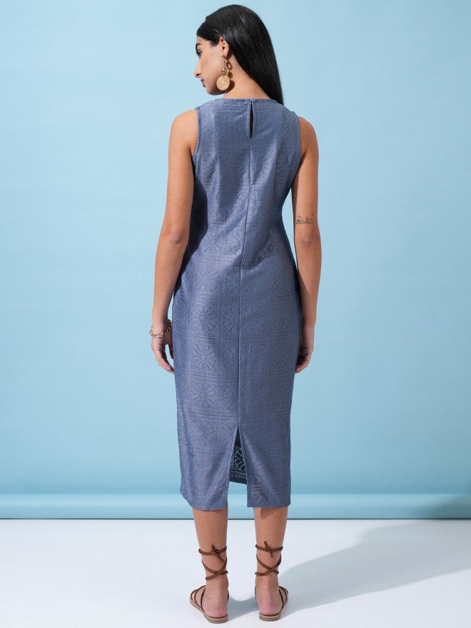 Tokyo Talkies Women Blue Self Design Sheath Dress - Blue - Image 3