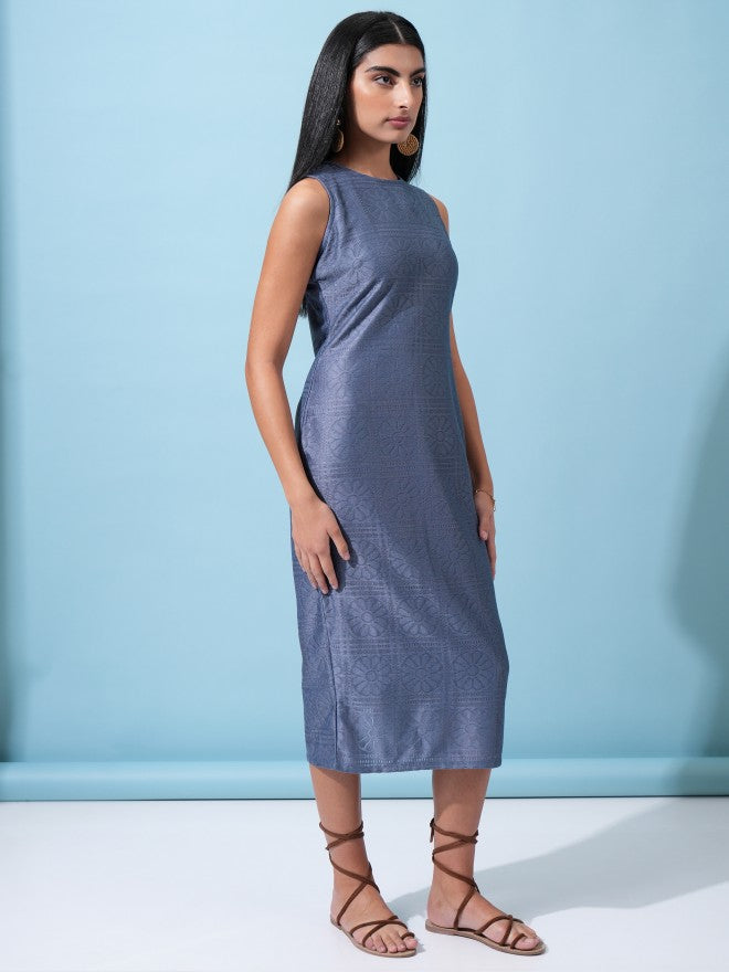 Tokyo Talkies Women Blue Self Design Sheath Dress - Blue - Image 4
