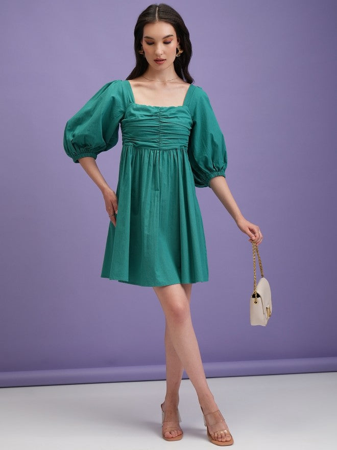 Tokyo Talkies Women Green Solid Fit and Flare Dress - Green - Image 2