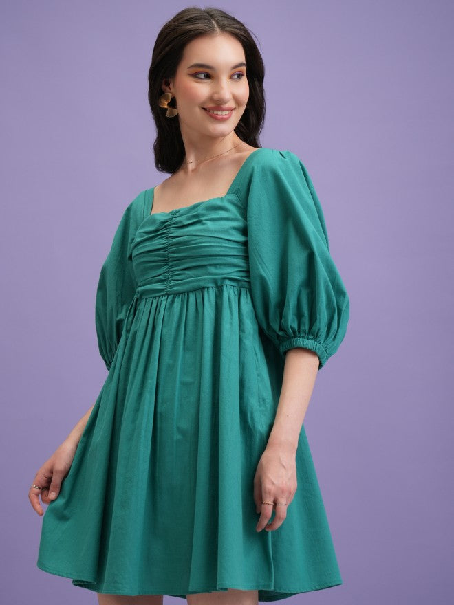 Tokyo Talkies Women Green Solid Fit and Flare Dress - Green - Image 4