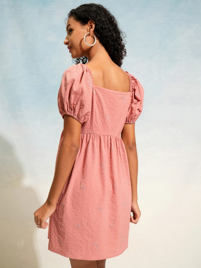 Tokyo Talkies Women Terracotta Self Design Fit and Flare Dress - Terracotta - Image 3