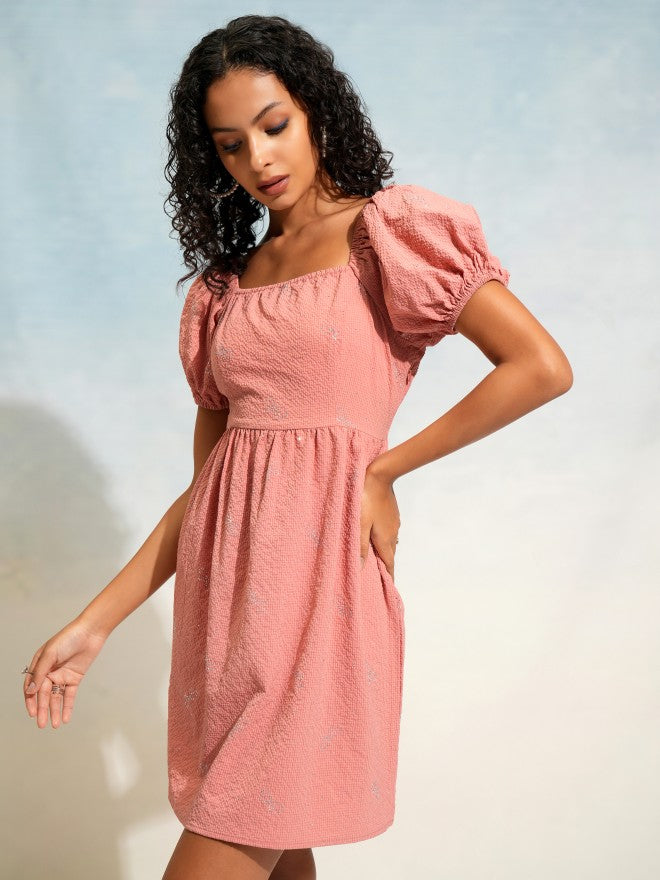 Tokyo Talkies Women Terracotta Self Design Fit and Flare Dress - Terracotta - Image 4