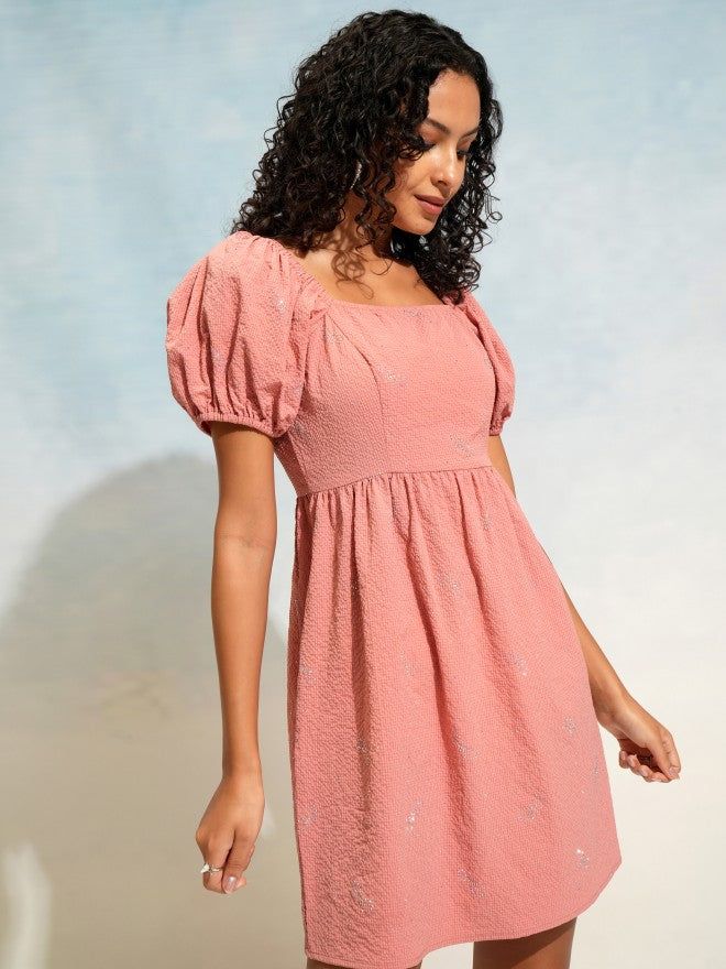 Tokyo Talkies Women Terracotta Self Design Fit and Flare Dress - Terracotta - Image 6