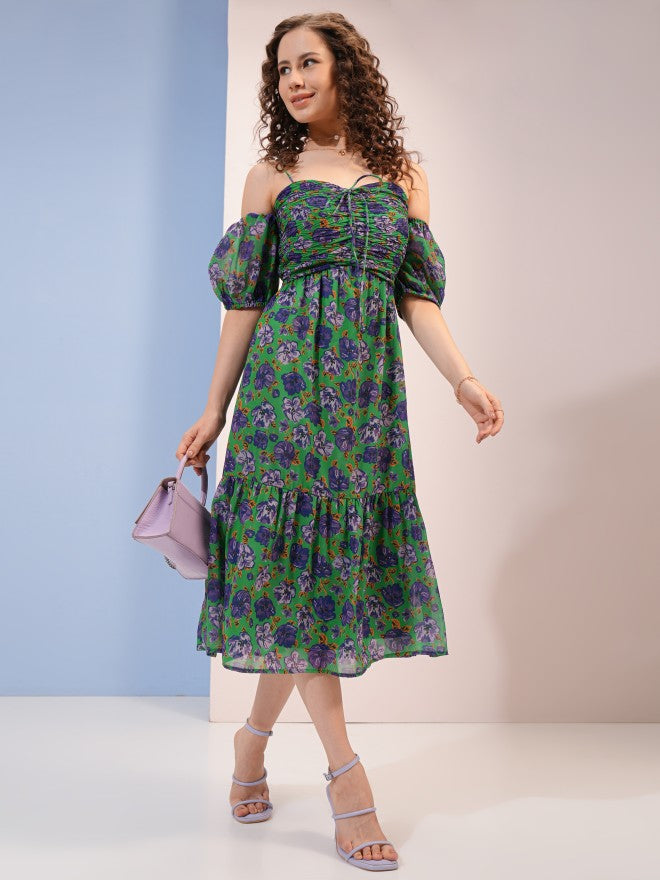 Tokyo Talkies Women Purple Printed A-Line Dress - Green - Image 1