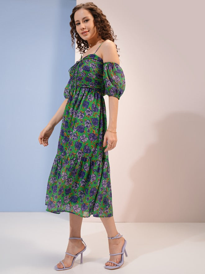 Tokyo Talkies Women Purple Printed A-Line Dress - Green - Image 2