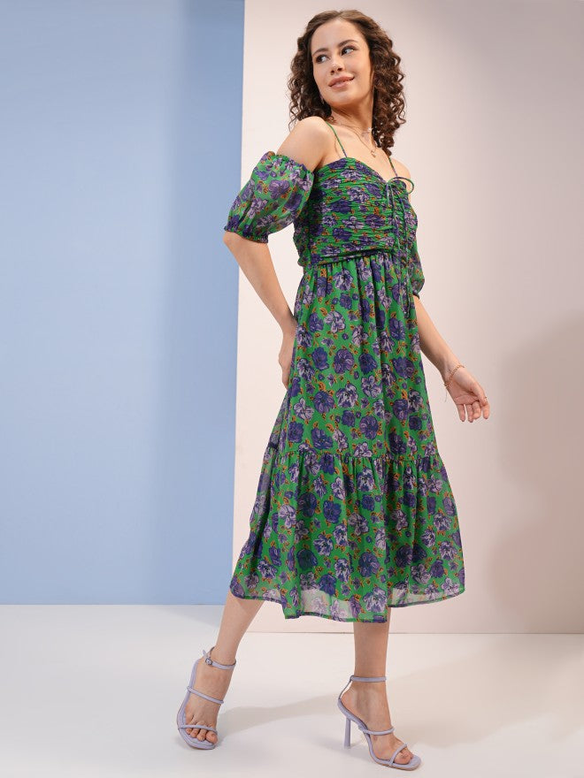 Tokyo Talkies Women Purple Printed A-Line Dress - Green - Image 4