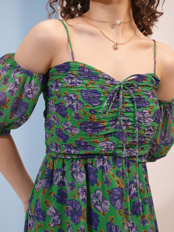 Tokyo Talkies Women Purple Printed A-Line Dress - Green - Image 5