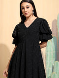 Tokyo Talkies Women Black Embroidered A-Line Dress - Blue - Image 1