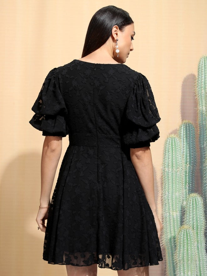Tokyo Talkies Women Black Embroidered A-Line Dress - Blue - Image 3