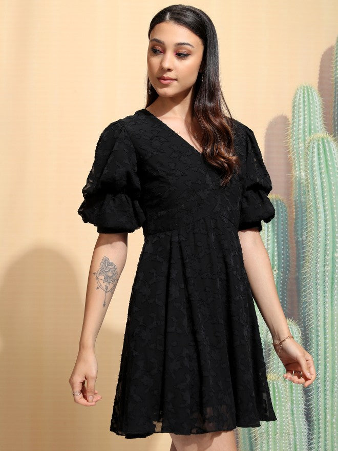Tokyo Talkies Women Black Embroidered A-Line Dress - Blue - Image 6