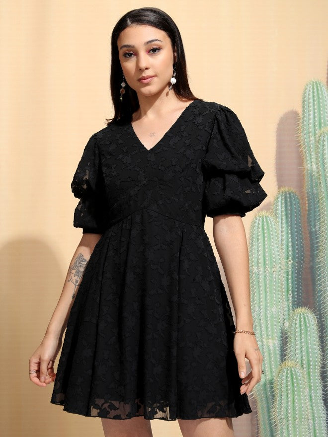 Tokyo Talkies Women Black Embroidered A-Line Dress - Blue - Image 7