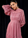 Tokyo Talkies Women Pink Solid Woven Ruffled Fit And Flare Dress - Pink - Image 1