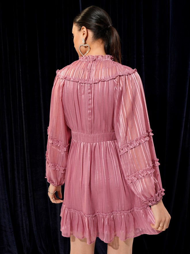 Tokyo Talkies Women Pink Solid Woven Ruffled Fit And Flare Dress - Pink - Image 3