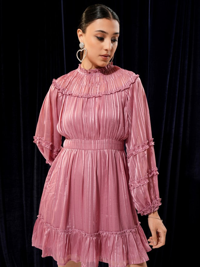 Tokyo Talkies Women Pink Solid Woven Ruffled Fit And Flare Dress - Pink - Image 7