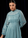 Tokyo Talkies Women Teal Solid Woven Ruffled Fit And Flare Dress - Teal - Image 1