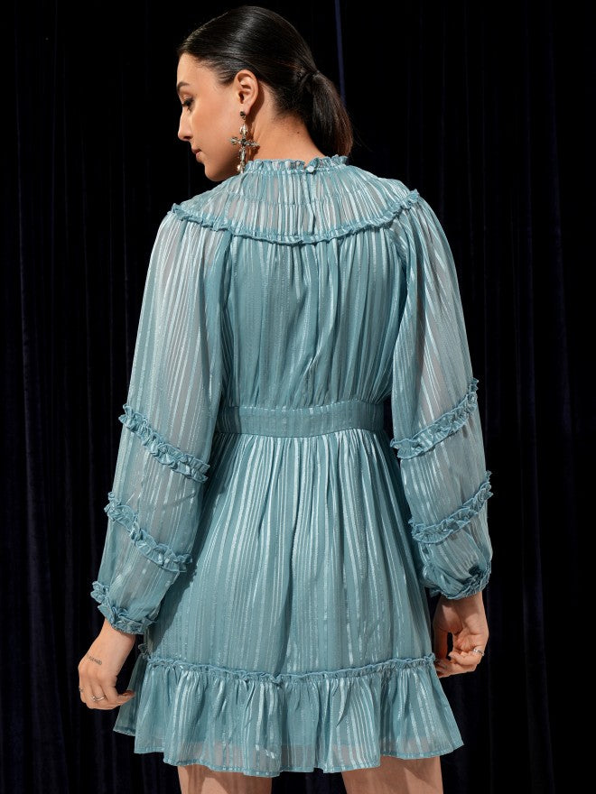 Tokyo Talkies Women Teal Solid Woven Ruffled Fit And Flare Dress - Teal - Image 3