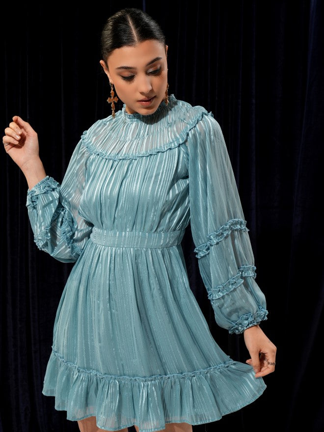 Tokyo Talkies Women Teal Solid Woven Ruffled Fit And Flare Dress - Teal - Image 4