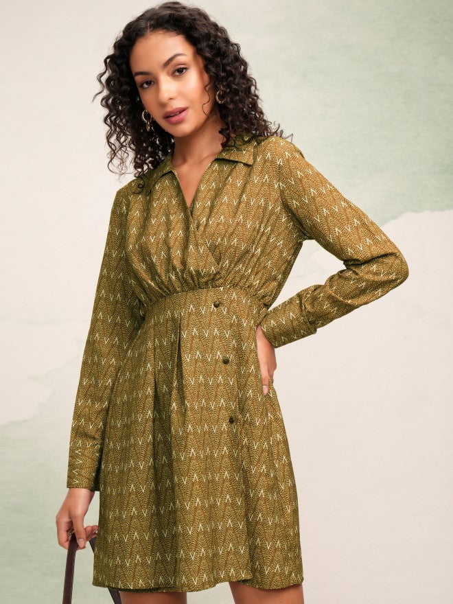 Tokyo Talkies Women Mustard Printed Fit And Flare Dress - Mustard - Image 1