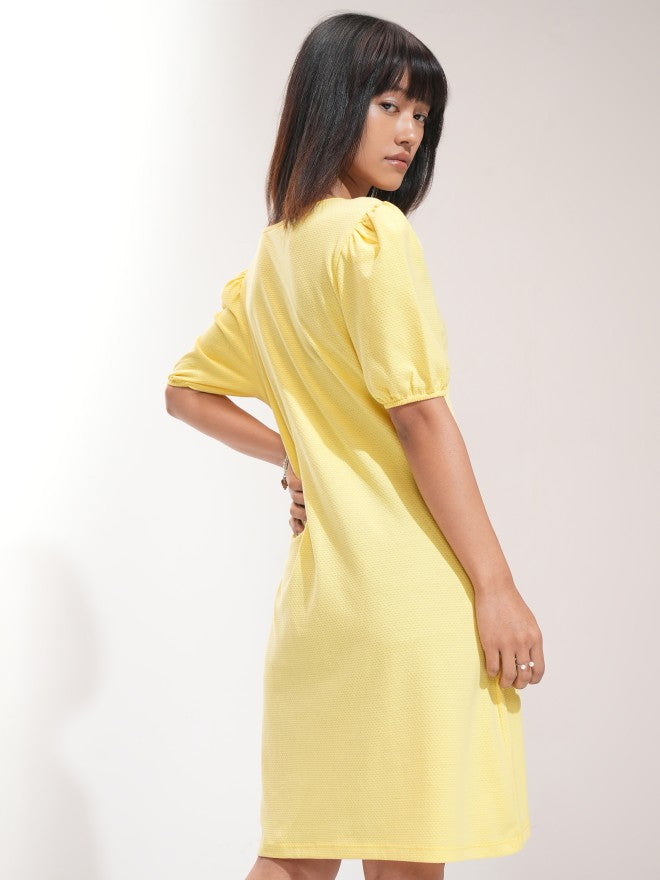 Tokyo Talkies Women Yellow Self Design A-Line Dress - Yellow - Image 3