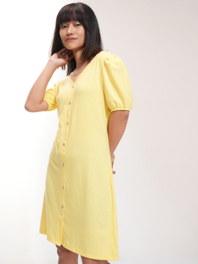 Tokyo Talkies Women Yellow Self Design A-Line Dress - Yellow - Image 4
