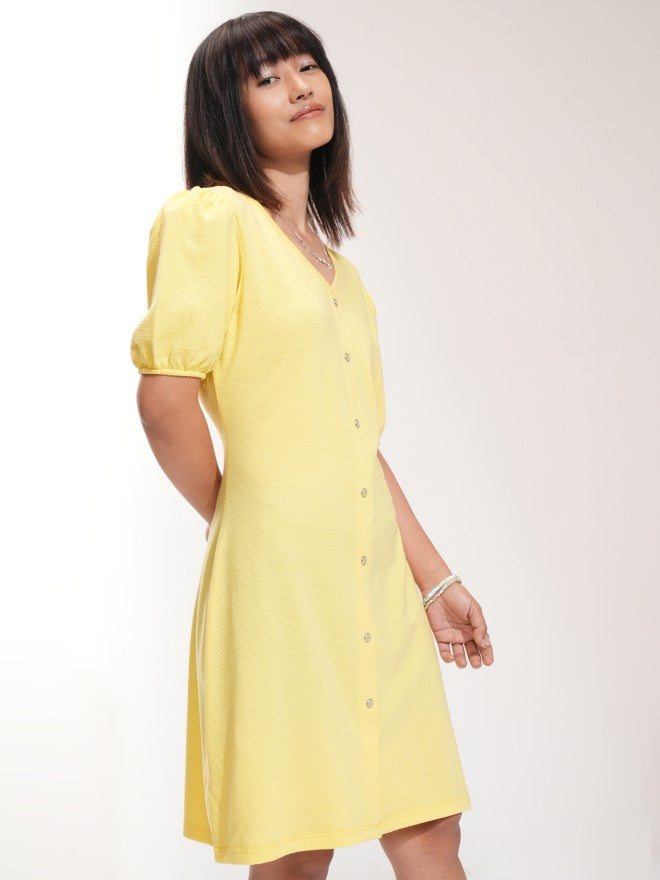 Tokyo Talkies Women Yellow Self Design A-Line Dress - Yellow - Image 6