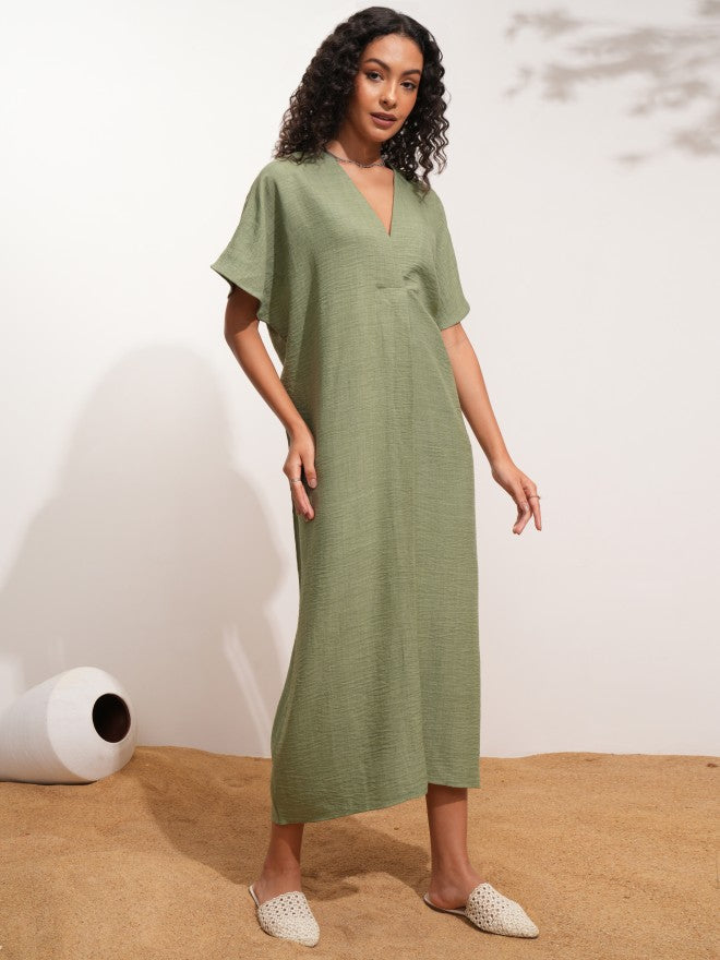 Tokyo Talkies Women Green Solid Kaftan Dress - Green - Image 5