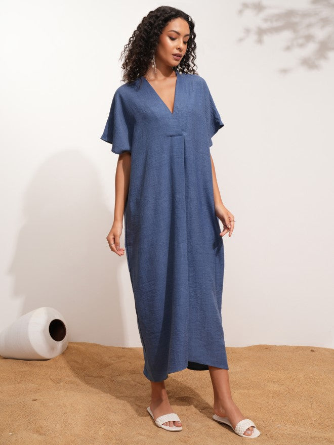 Tokyo Talkies Women Blue Solid Kaftan Dress - Blue - Image 1