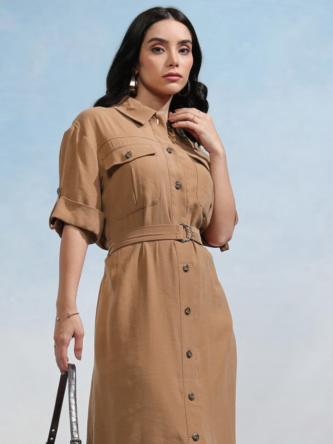 Tokyo Talkies Women Taupe Solid Shirt Dress - Taupe - Image 1