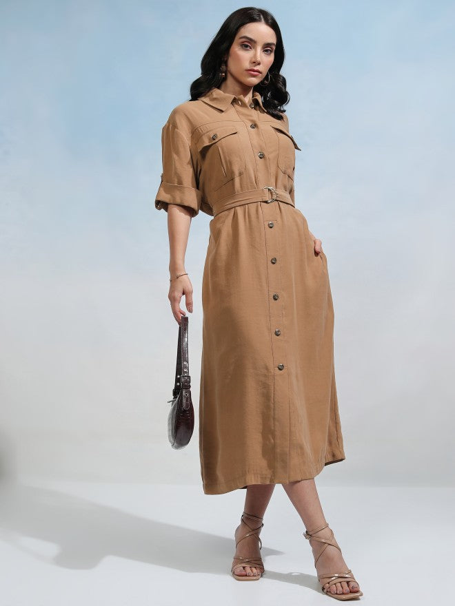 Tokyo Talkies Women Taupe Solid Shirt Dress - Taupe - Image 2