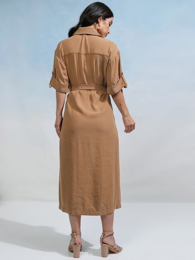 Tokyo Talkies Women Taupe Solid Shirt Dress - Taupe - Image 3