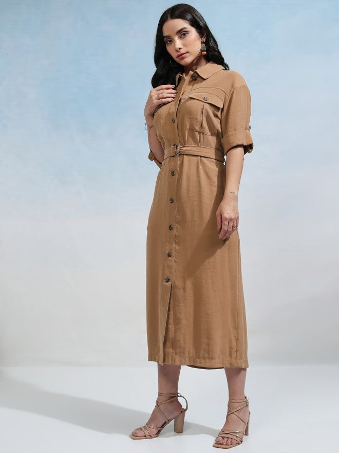 Tokyo Talkies Women Taupe Solid Shirt Dress - Taupe - Image 4