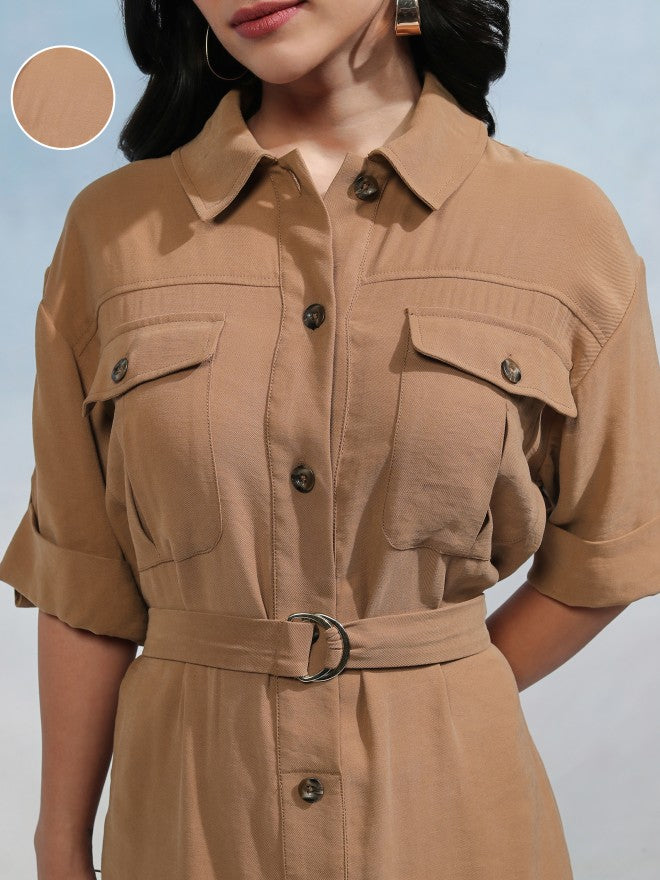 Tokyo Talkies Women Taupe Solid Shirt Dress - Taupe - Image 5