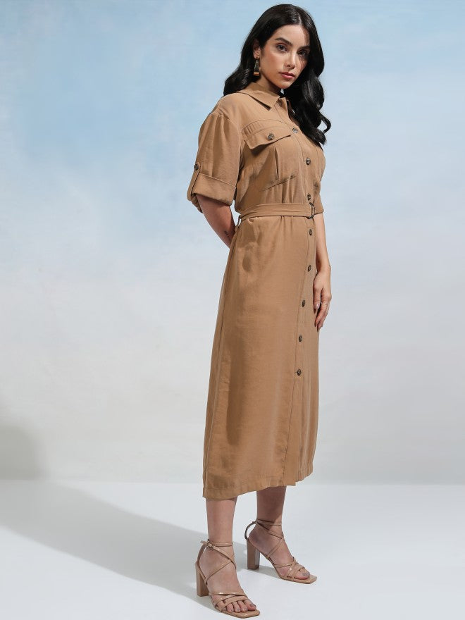 Tokyo Talkies Women Taupe Solid Shirt Dress - Taupe - Image 6