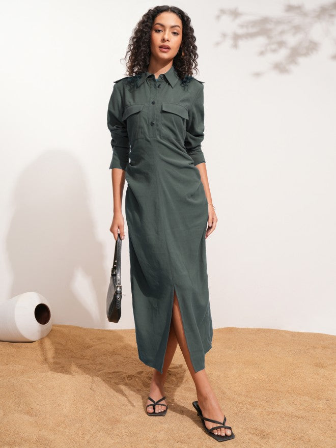 Tokyo Talkies Women Charcoal Solid Shirt Dress - Charcoal - Image 1
