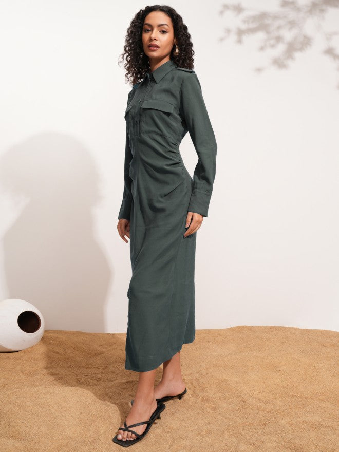 Tokyo Talkies Women Charcoal Solid Shirt Dress - Charcoal - Image 3